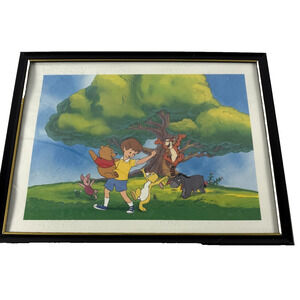 Disney Lithograph Print Winnie the Pooh & Friends Christopher Robin Black Framed